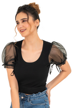 Load image into Gallery viewer, Round neck Blouses with Puffy Organza Sleeves - Black - Blouse featured