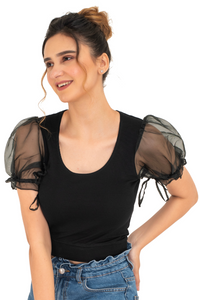 Round neck Blouses with Puffy Organza Sleeves- Plus Size - Black - Blouse featured