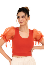 Load image into Gallery viewer, Round neck Blouses with Puffy Organza Sleeves- Plus Size - Brick Red - Blouse featured