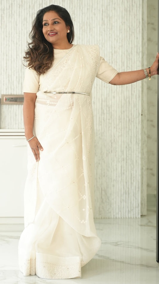 Ivory Organza Saree with Thread work Saree