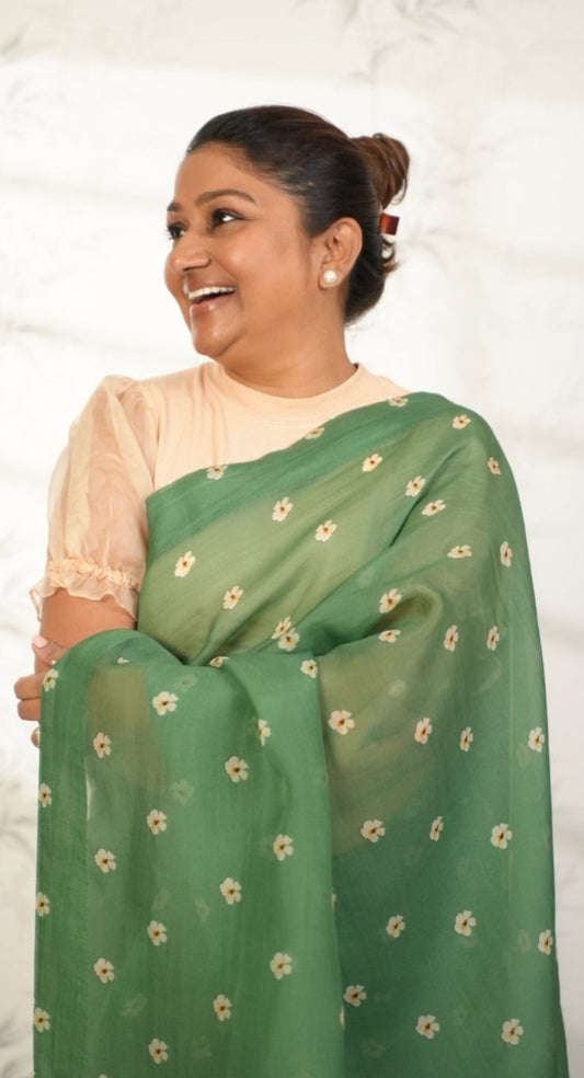Green Organza Saree with Floral Pattern Saree