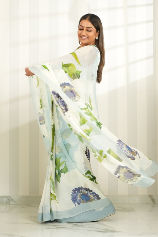 Soft Ice Blue Floral Chiffon Silk Saree Saree
