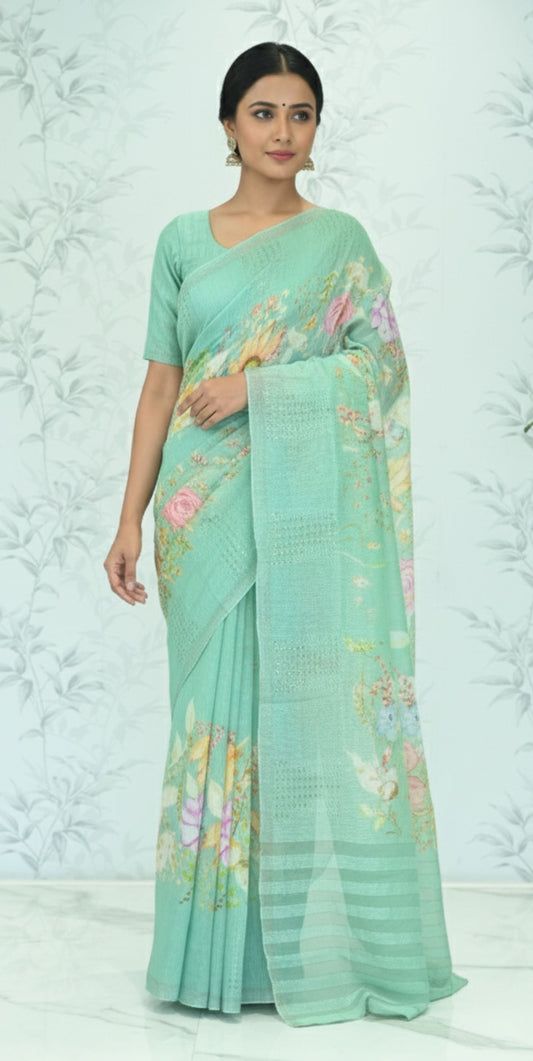 Indira Lenin Kora Saree Pastel mint green featured