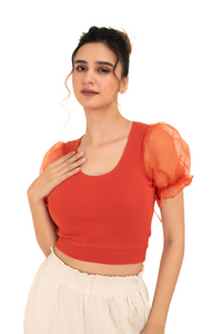 Round neck Blouses with Puffy Organza Sleeves - Brick Red - Blouse featured