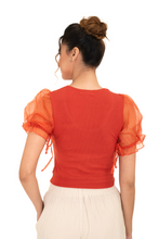 Load image into Gallery viewer, Round neck Blouses with Puffy Organza Sleeves- Plus Size - Brick Red - Blouse featured