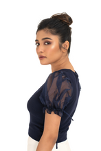 Load image into Gallery viewer, Round neck Blouses with Puffy Organza Sleeves- Plus Size - Royal Blue - Blouse featured