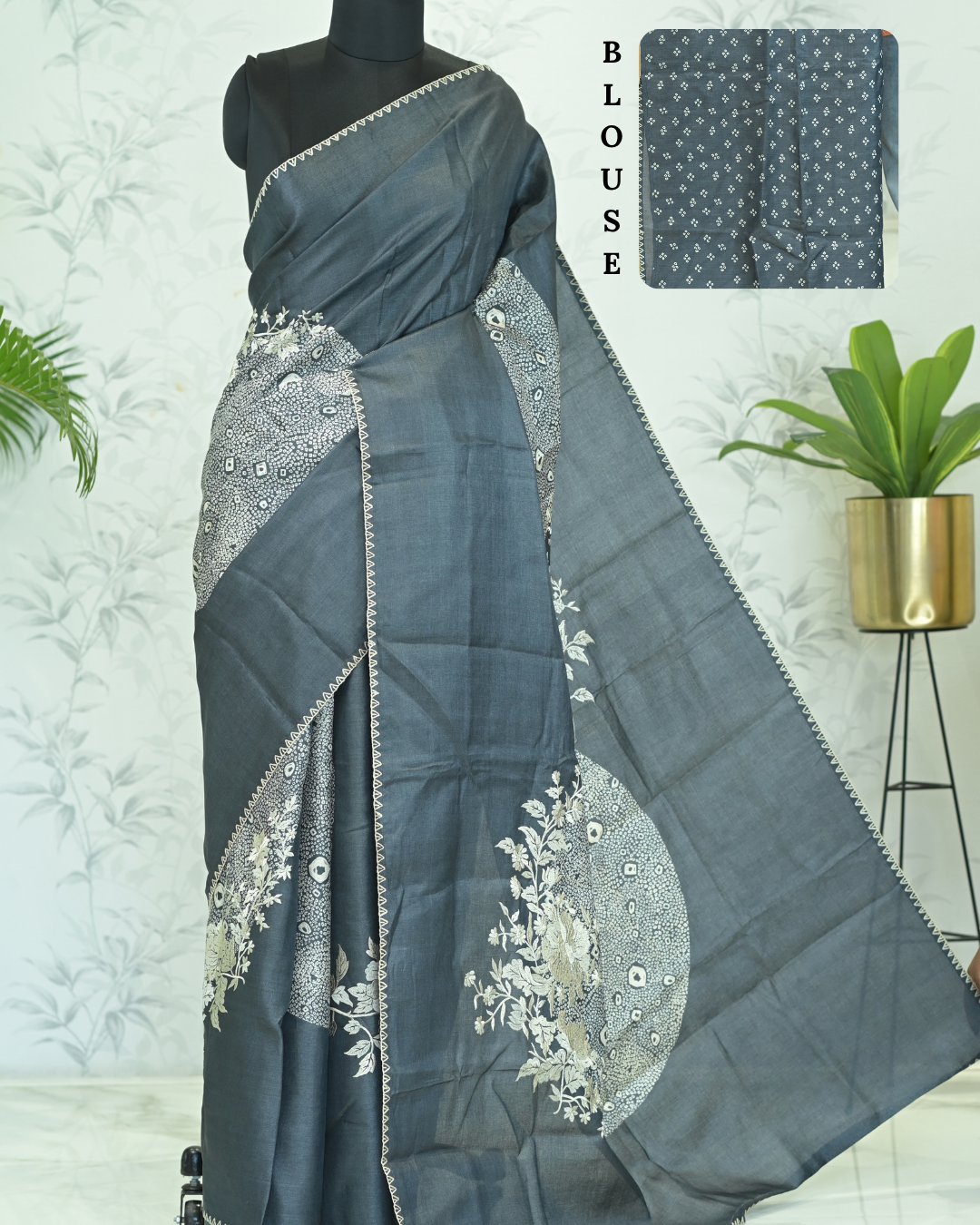 Poonam Shibori Bloom Tussar Saree Gray featured