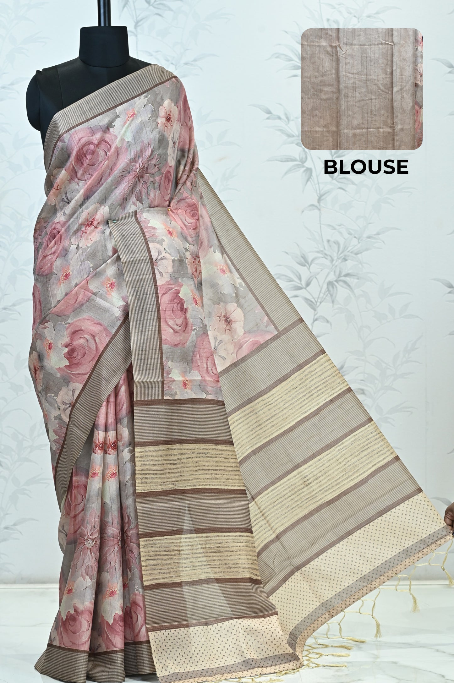 Rohini Bloom Semi Tussar Saree Brown featured
