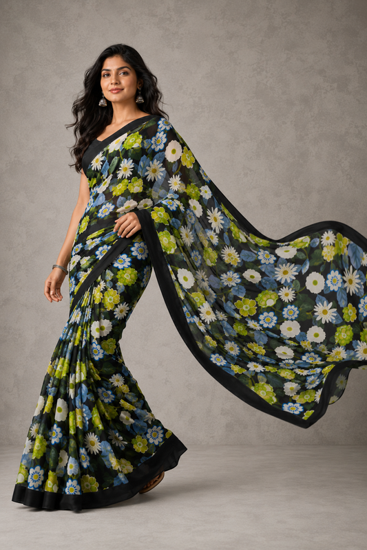 Folk Flora Chiffon Silk Saree featured