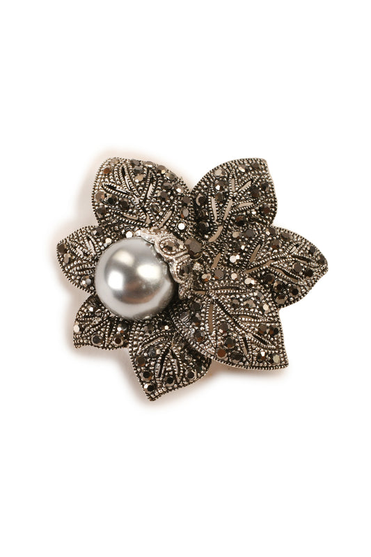 Black Stone Studded Flower Brooch Brooch