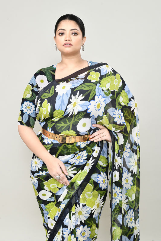 Black Chiffon Silk Saree with Floral Print Saree