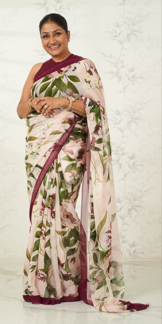 Beautiful Soft Pink Saree with Contrast Floral Print Saree