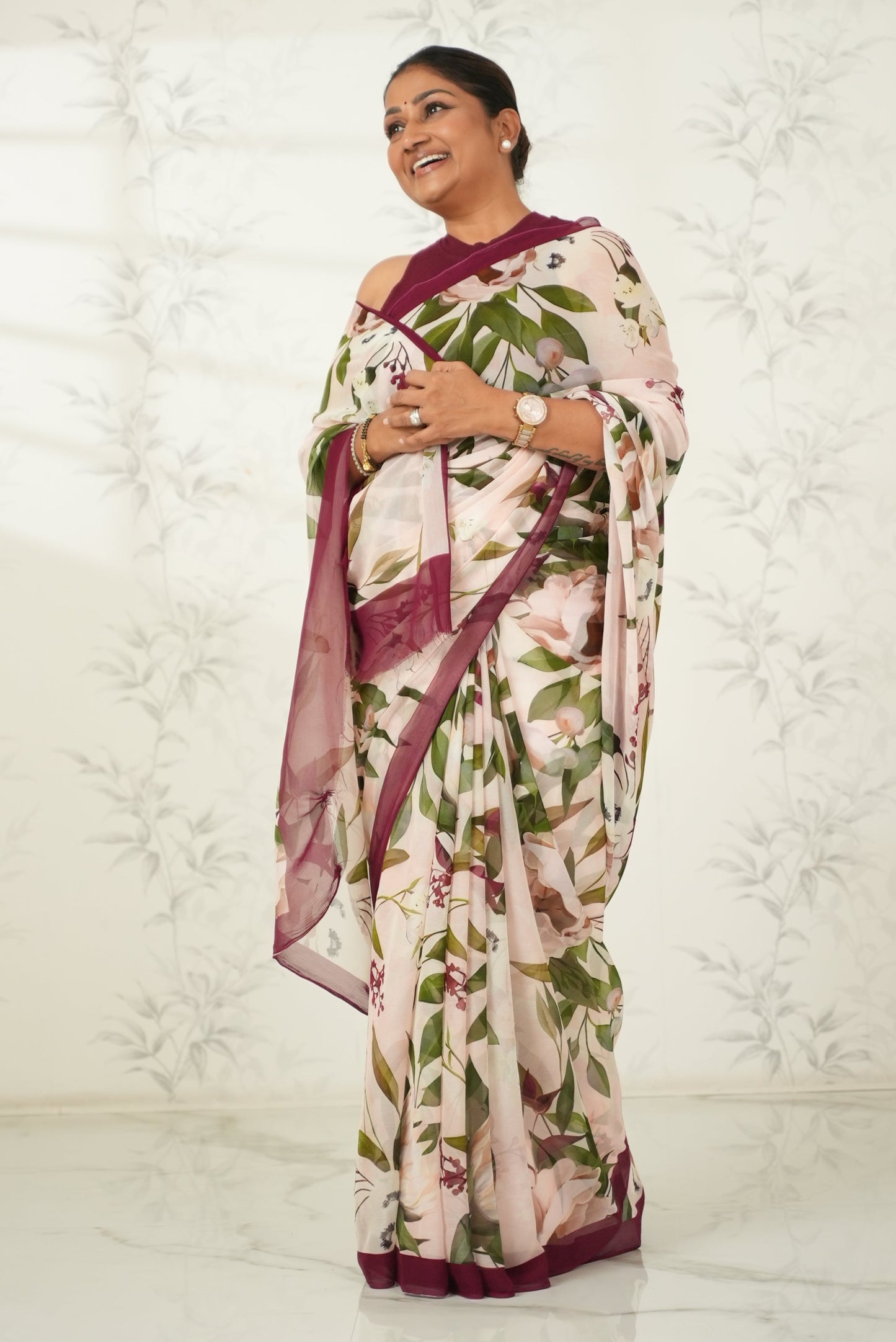 Beautiful Soft Pink Saree with Contrast Floral Print Saree