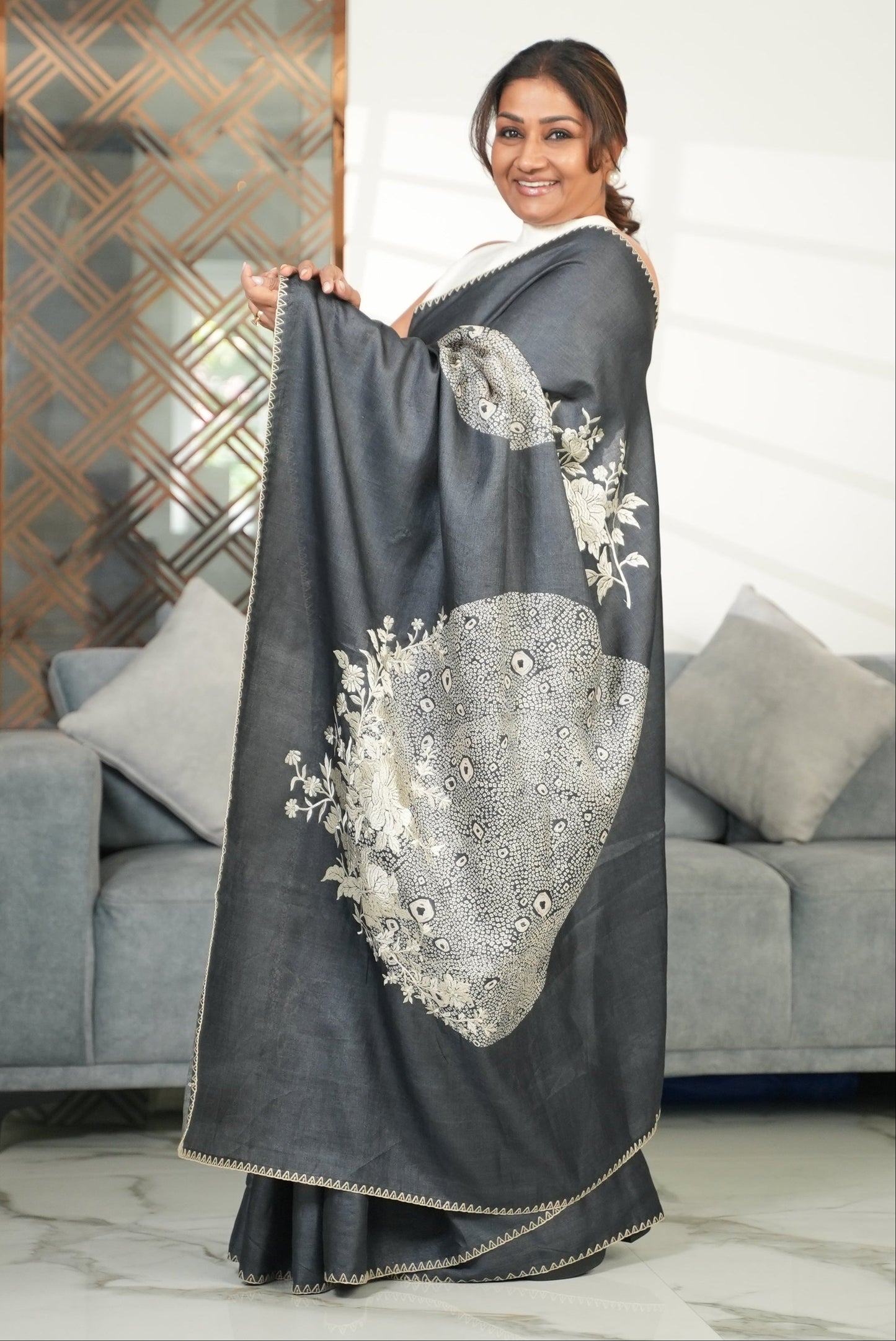 Poonam Shibori Bloom Tussar Saree Gray featured remove