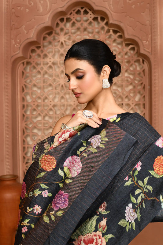 Avni: Zari Check Floral Silk Saree Charcoal Grey featured