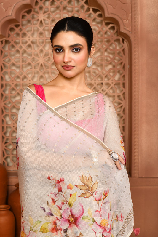 Kusum Floral Muslin Silk Saree white featured