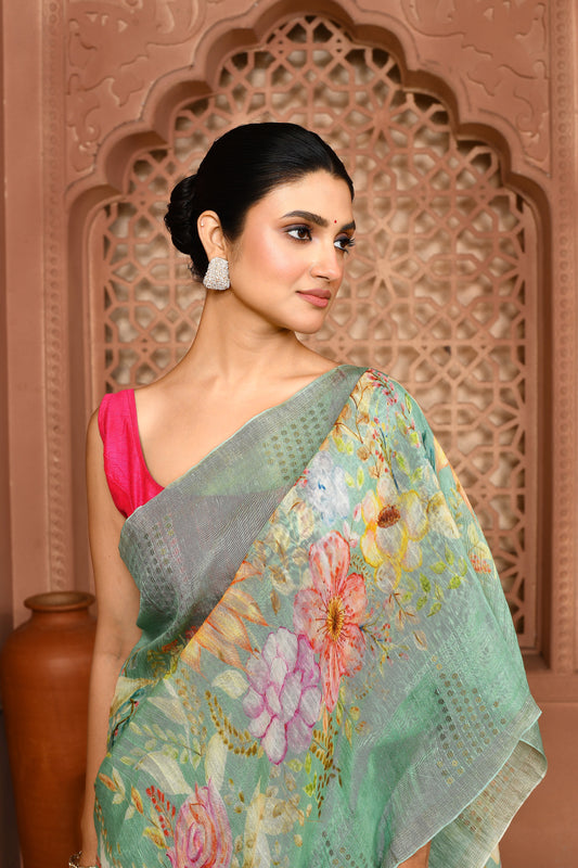 Indira Lenin Kora Saree Pastel mint green featured
