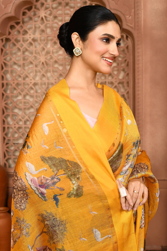 Shalini Pichwai Heritage Tussar Silk Saree Mustard Yellow featured