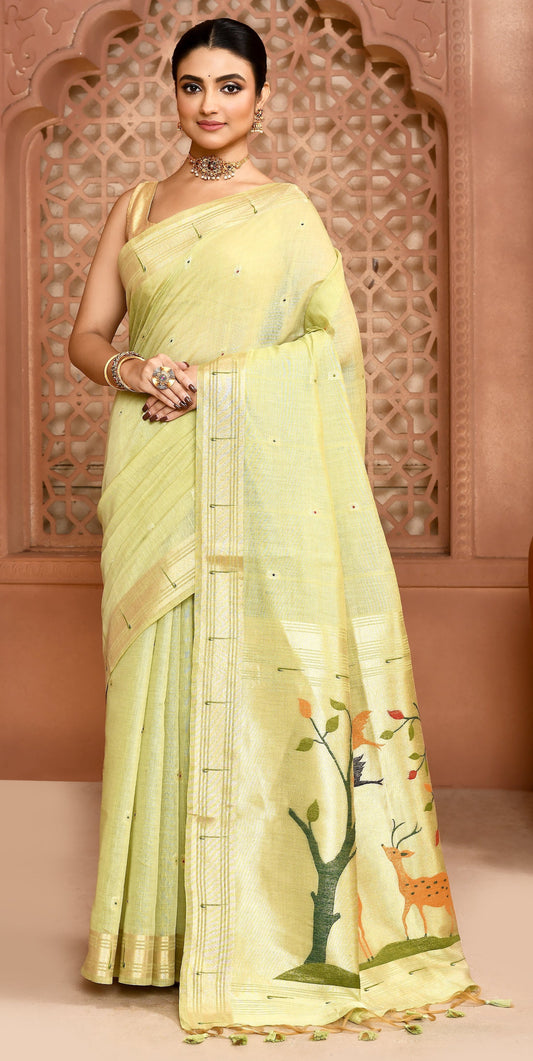 Golden Meadow Cotton Saree Lime Green featured