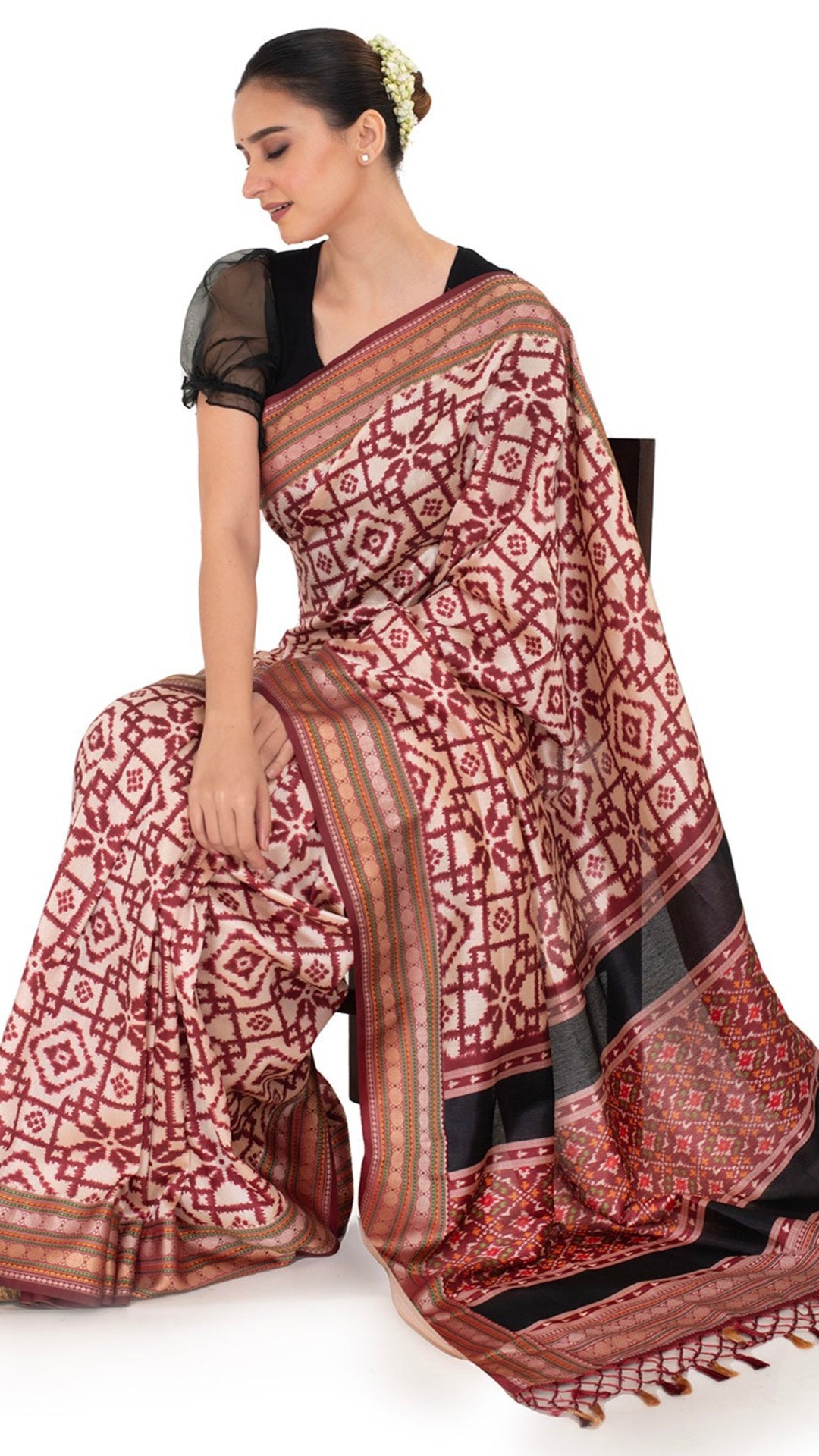 Maroon Patola Silk Saree with Ikkat Pattern Saree