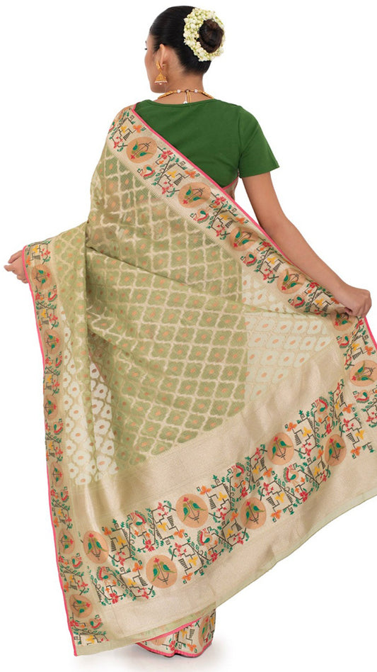 Green Tissue Kota Saree with Multicoloured Paithani Border Saree