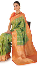 Load image into Gallery viewer, Mossy Green Katan Silk Saree with Orange Golden Border Saree