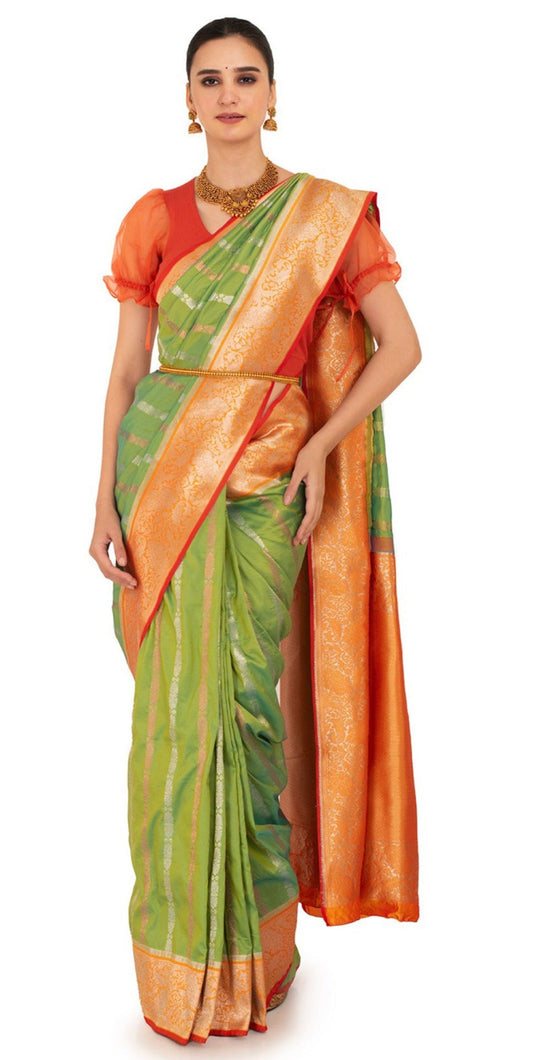 Mossy Green Katan Silk Saree with Orange Golden Border Saree