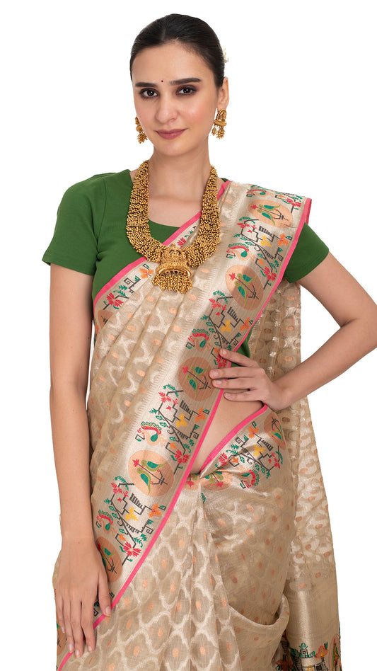 Beige Tissue Kota Saree with Paithani Border Saree