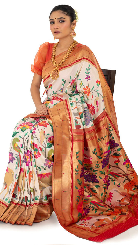Red Bordered Elegant Saree with Vivid Flora and Fauna Saree