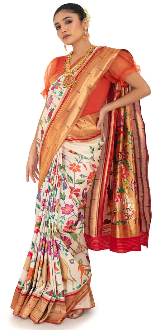 Red Bordered Elegant Saree with Vivid Flora and Fauna Saree