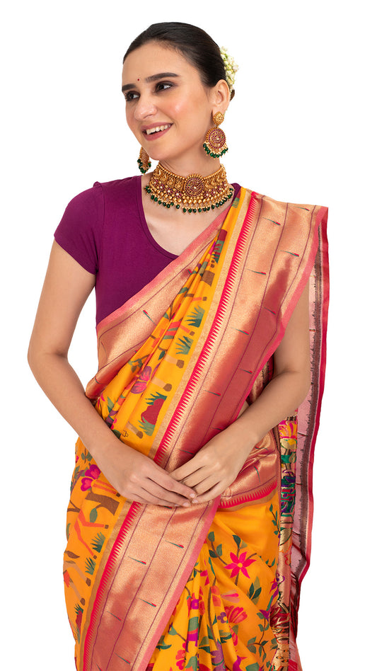 Crimson Bordered Elegant Saree with Vivid Flora and Fauna Saree