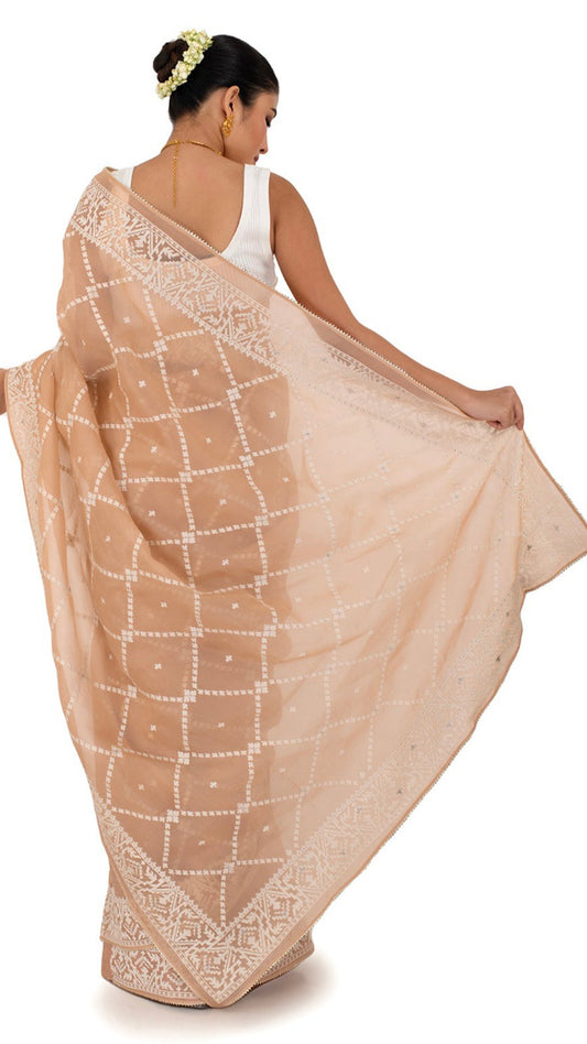 Pastel Peach Organza Saree with Thread work Saree
