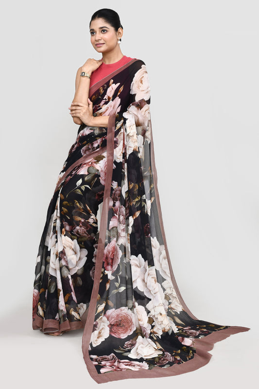 Rose Blossom Black Chiffon Silk Saree Saree