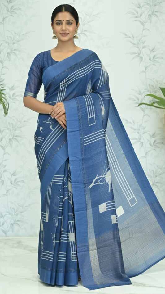 Kashvi Geometric Tussar Silk Saree Zodiac blue featured