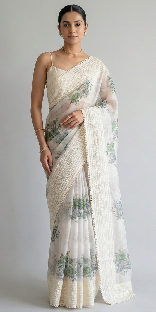 Eshani Pure Super Net Saree Green featured