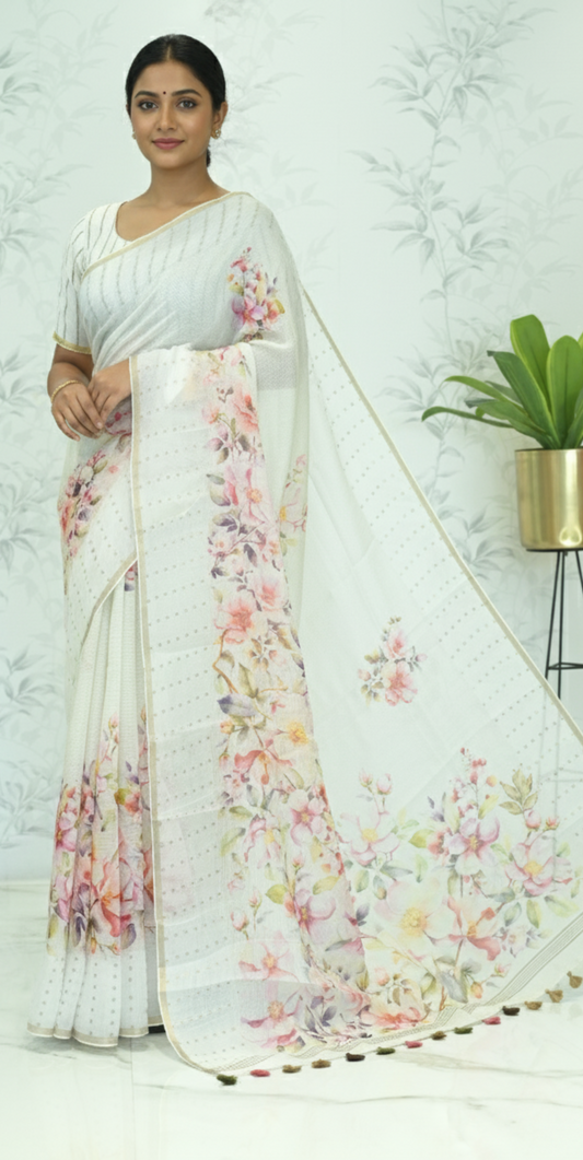 Kusum Floral Muslin Silk Saree white featured