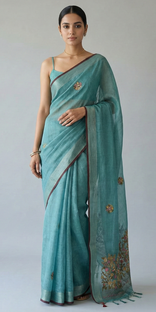 Saanvi Bloom Linen Tissue Saree Blue Saree featured