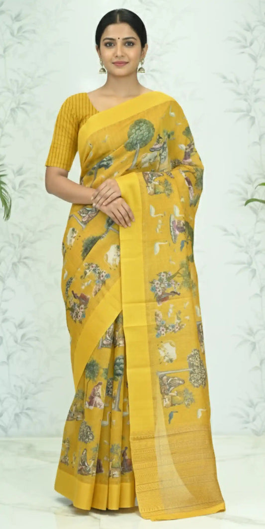 Shalini Pichwai Heritage Tussar Silk Saree Mustard Yellow featured