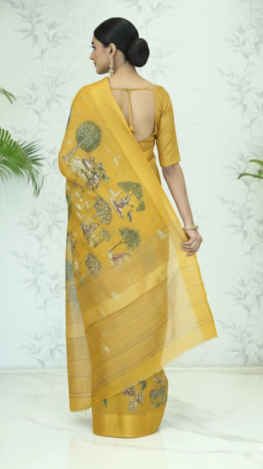 Shalini Pichwai Heritage Tussar Silk Saree Mustard Yellow featured
