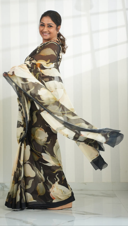 Black Bloom Chiffon Silk Saree Saree