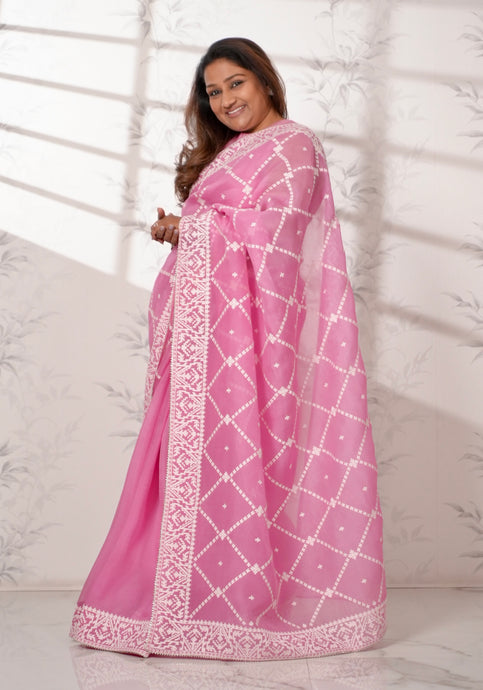 Baby Pink Organza Saree with Thread work Saree
