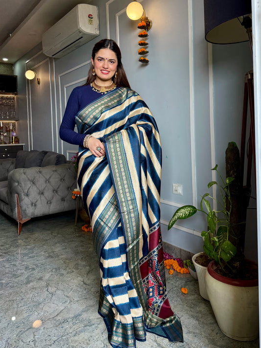 Patola Pallu Saree with Blue Stripes Saree