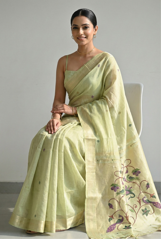 Iraja Mercerized Cotton Garden Saree Green featured
