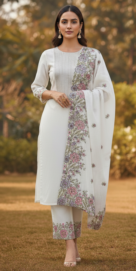 Mosaic Thread Mal Chanderi Kurti Material Light Beige Kurti Set featured