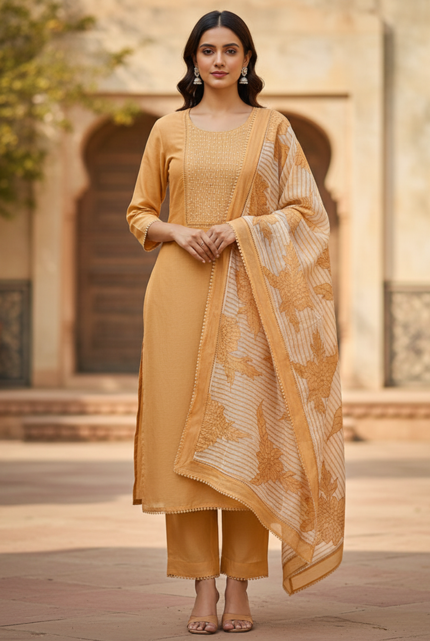 Pearl Ladder Mal Chanderi Kurti Material Yellow featured