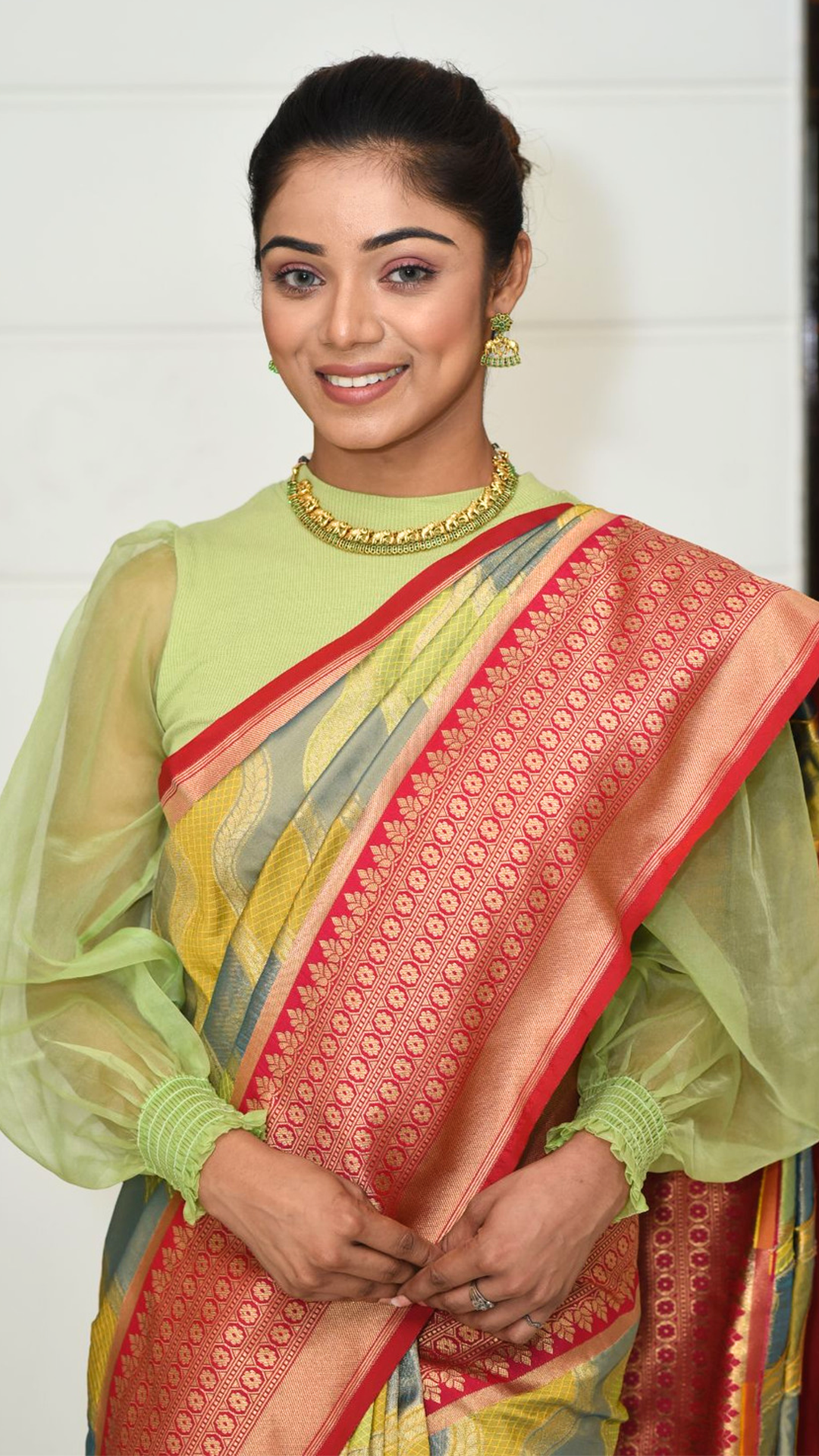 Green Wave Pattern Saree with Red Zari Border Saree