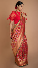 Load image into Gallery viewer, Red Floral Banarasi Silk Saree Saree
