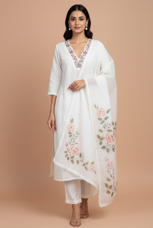 Rose Vignette Mal Chanderi Kurti Material Light Beige featured