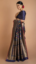 Load image into Gallery viewer, Royal Blue Floral Banarasi Silk Saree Saree