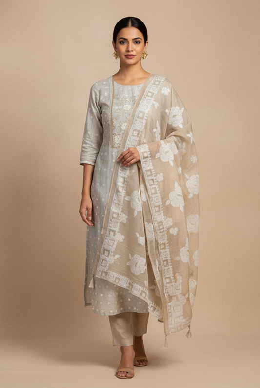 Greige Zamdani Mal Chanderi Kurti featured remove